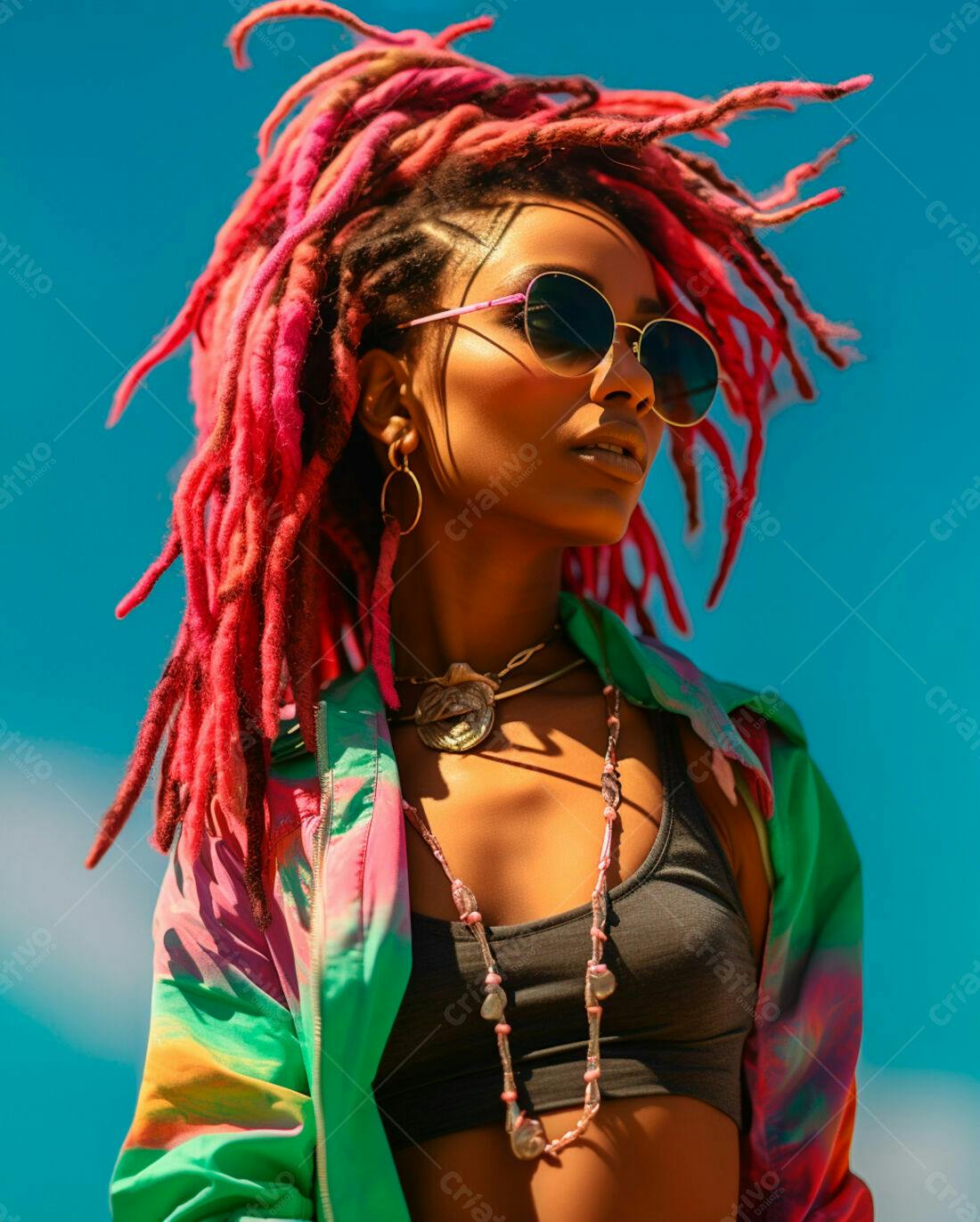 Mulher negra com dreads rosa sob céu azul