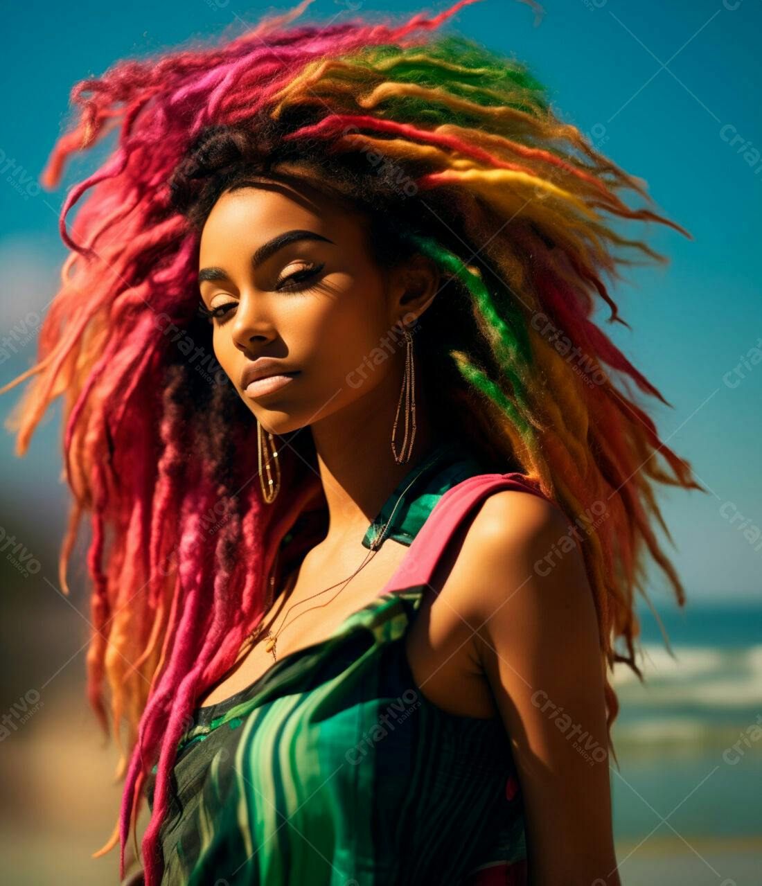 Mulher negra com dreads coloridos na praia