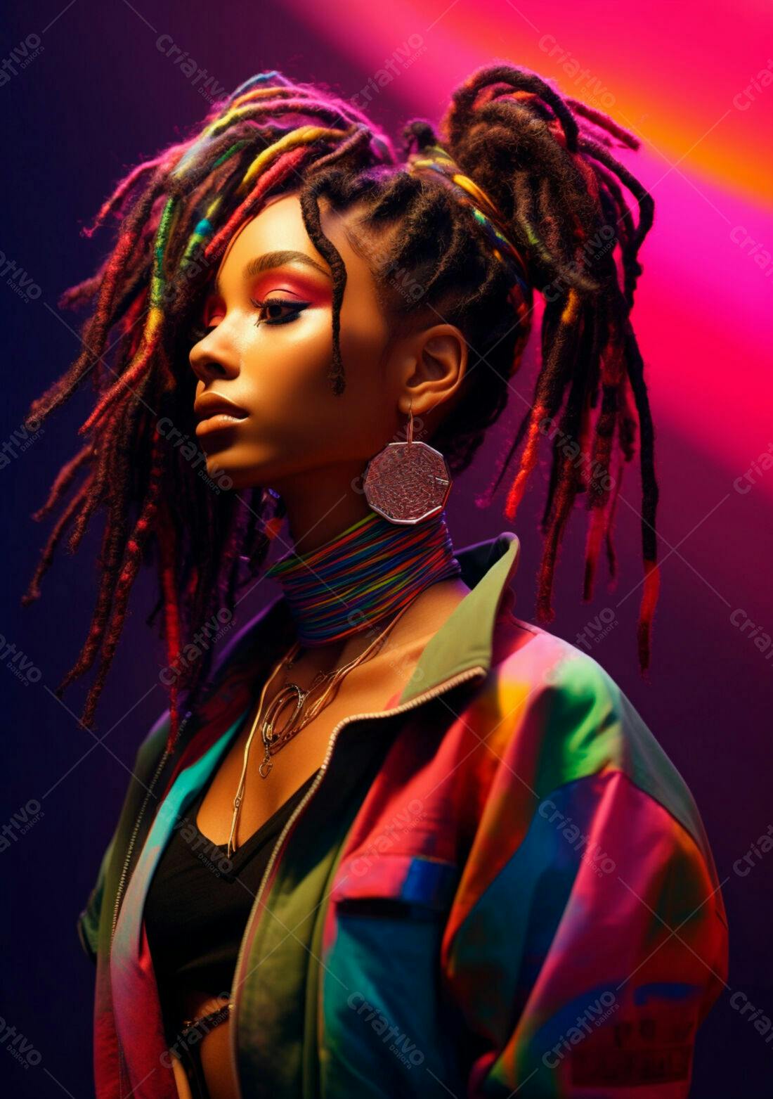 Modelo com dreads coloridos em fundo vibrante