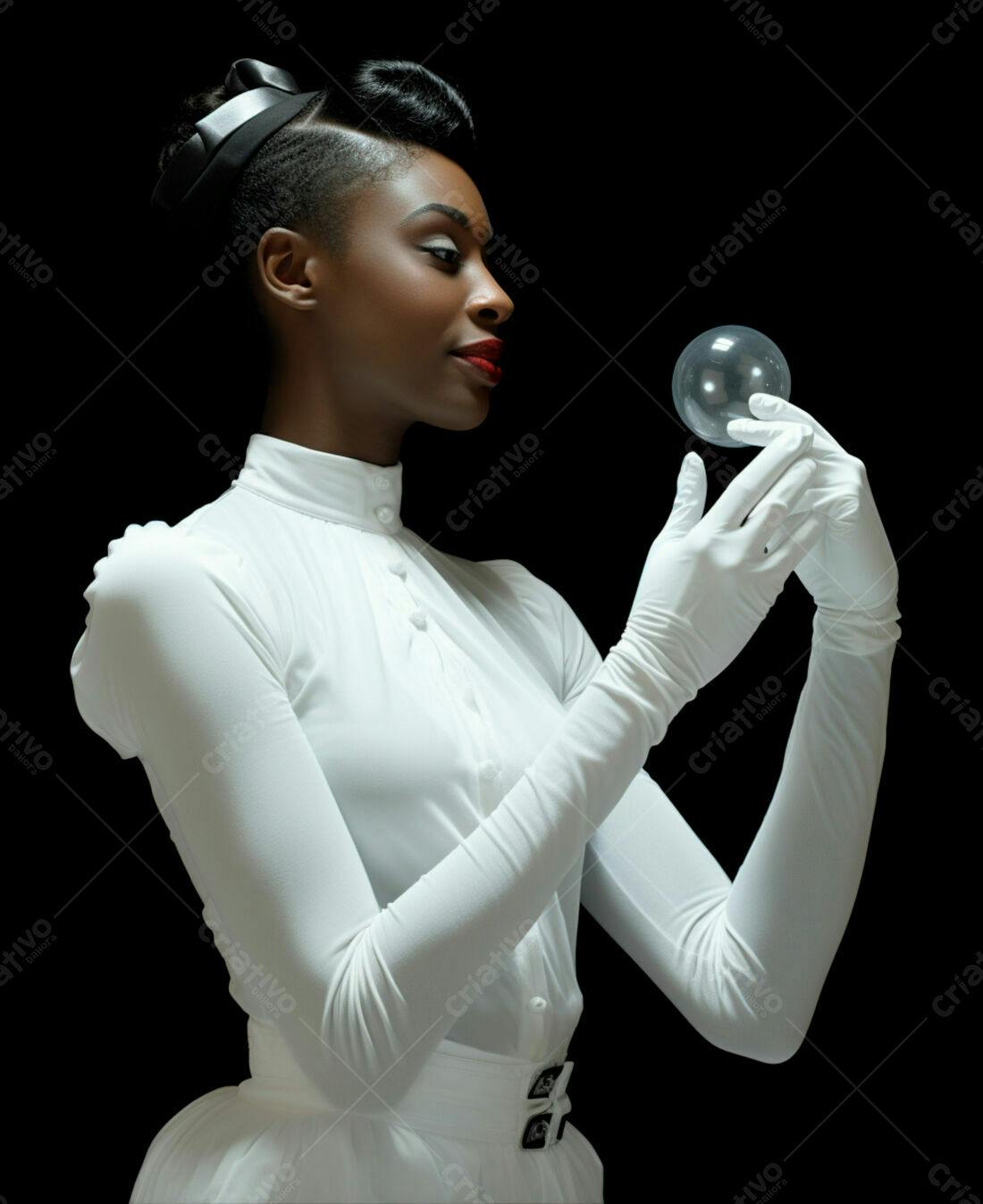 Modelo negra em vestido branco segurando esfera de vidro