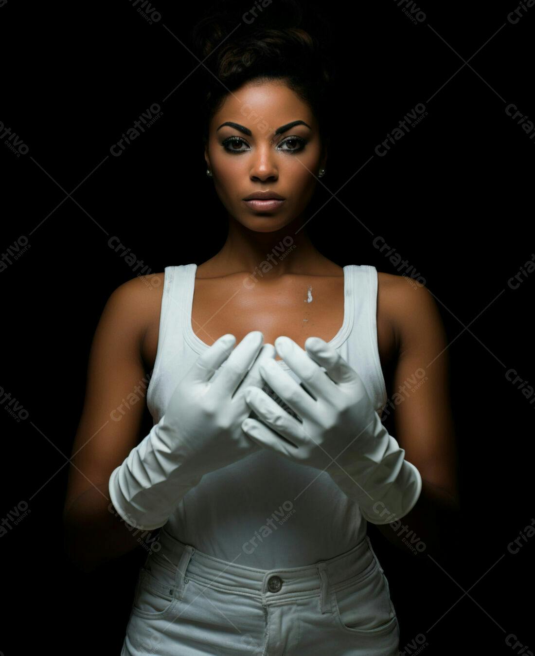 Modelo negra usando luvas brancas