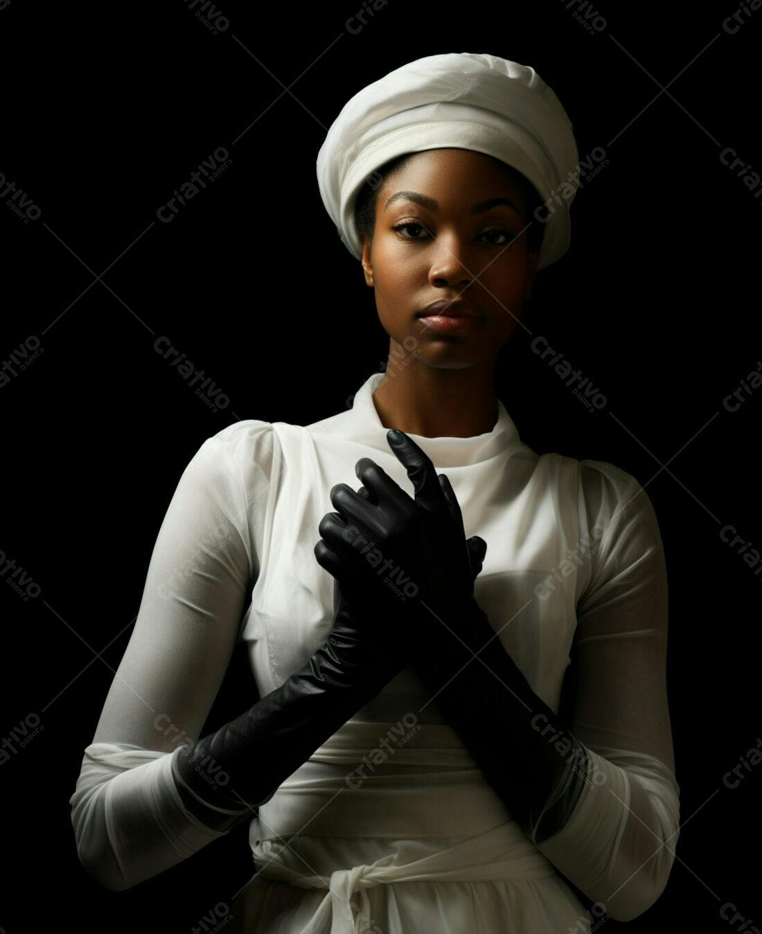 Mulher negra usando vestido branco e luvas pretas