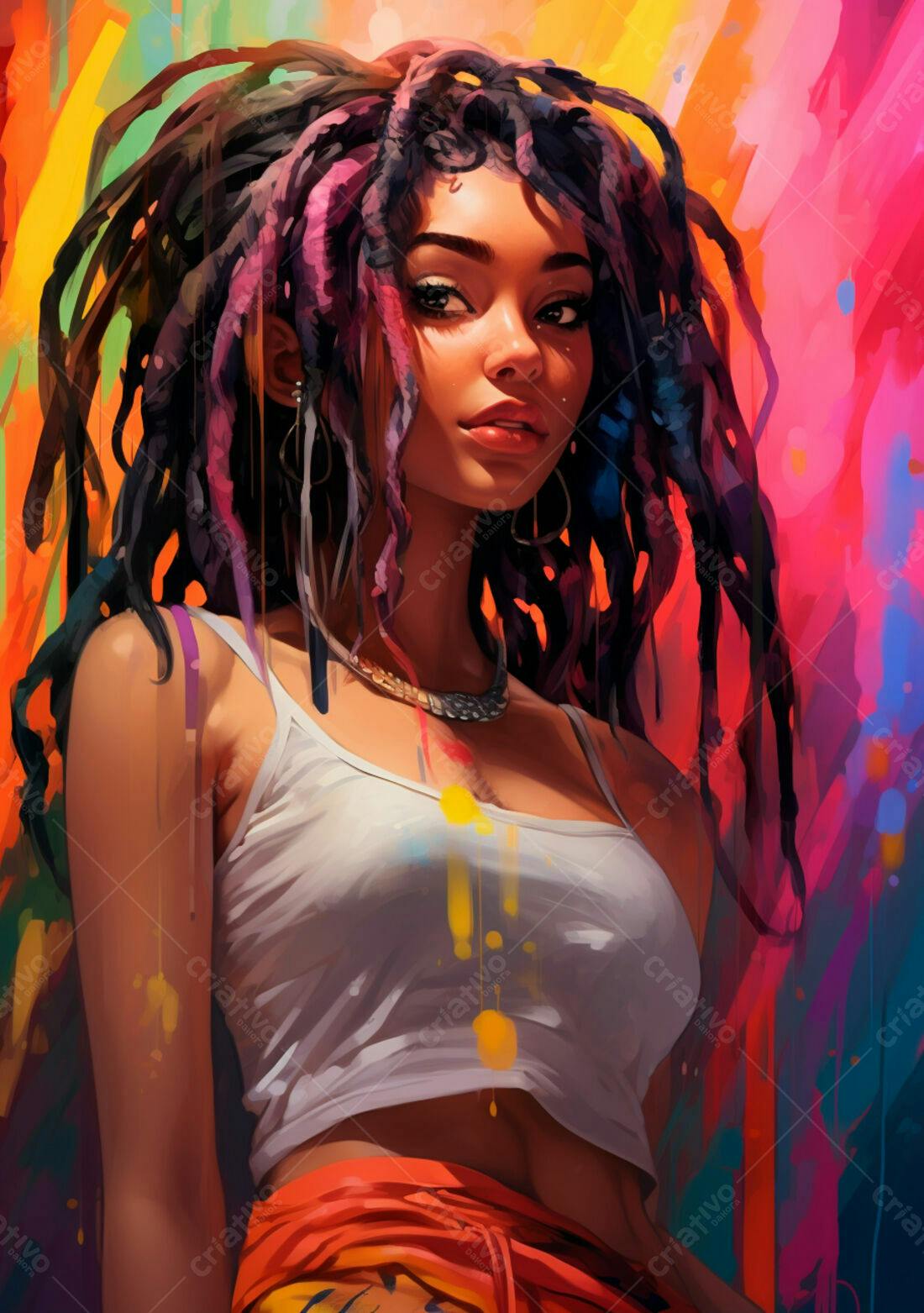 Mulher negra com dreads coloridos fundo vibrante