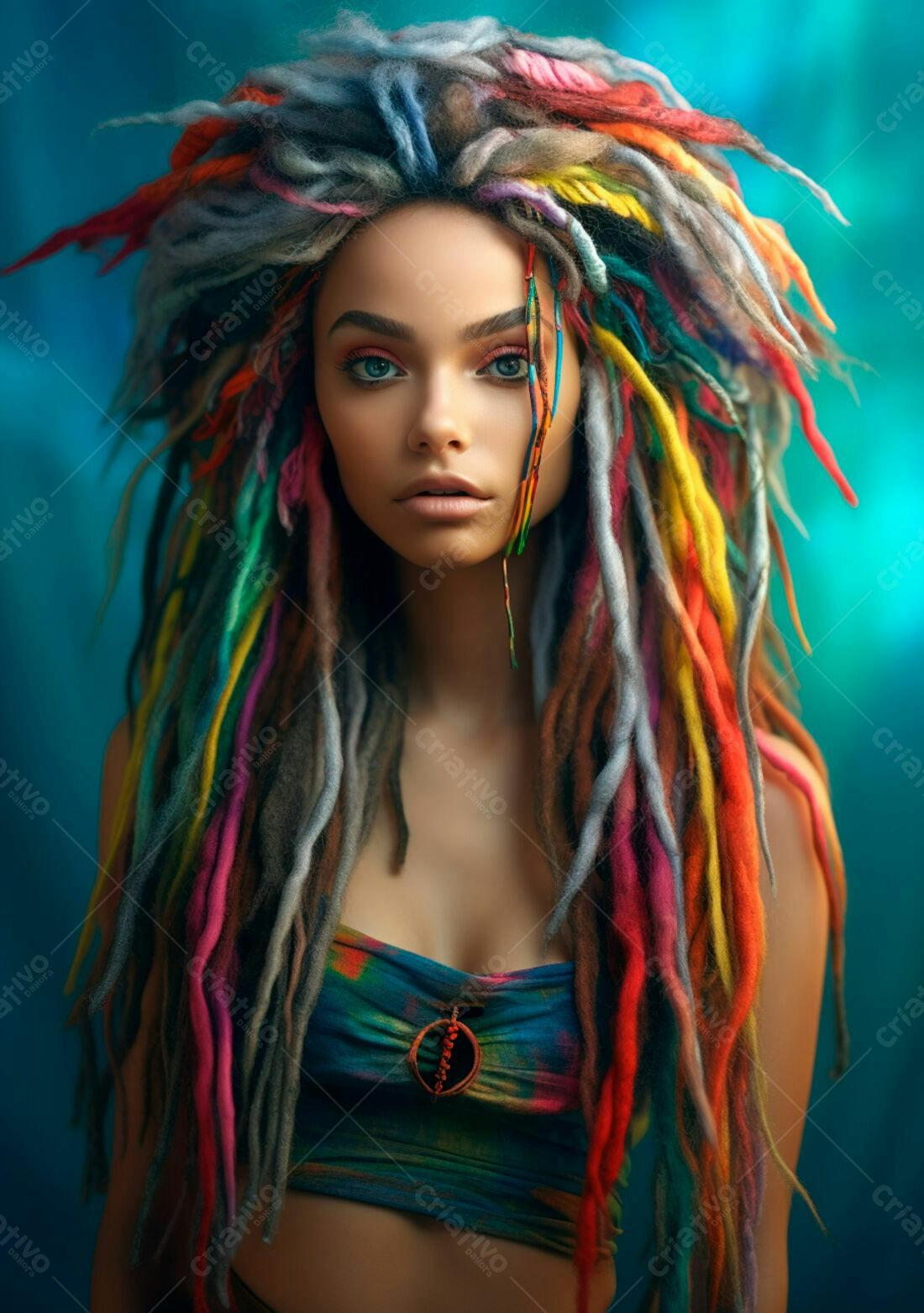 Mulher com dreads coloridos fundo azul