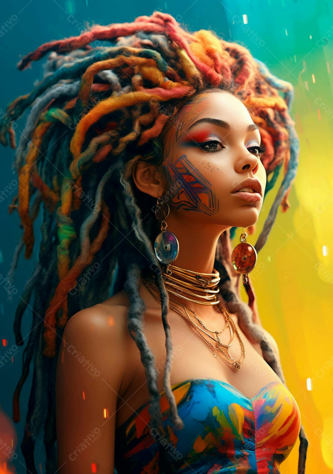 Mulher negra com dreads coloridos e maquiagem vibrante