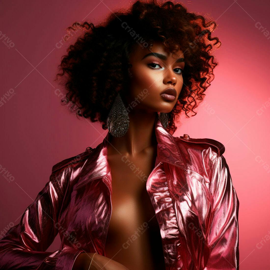 Modelo afro com jaqueta rosa e cabelo afro