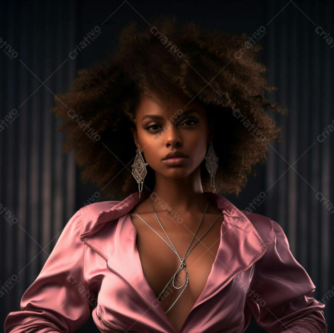 Modelo negra com cabelo afro usando blusa rosa