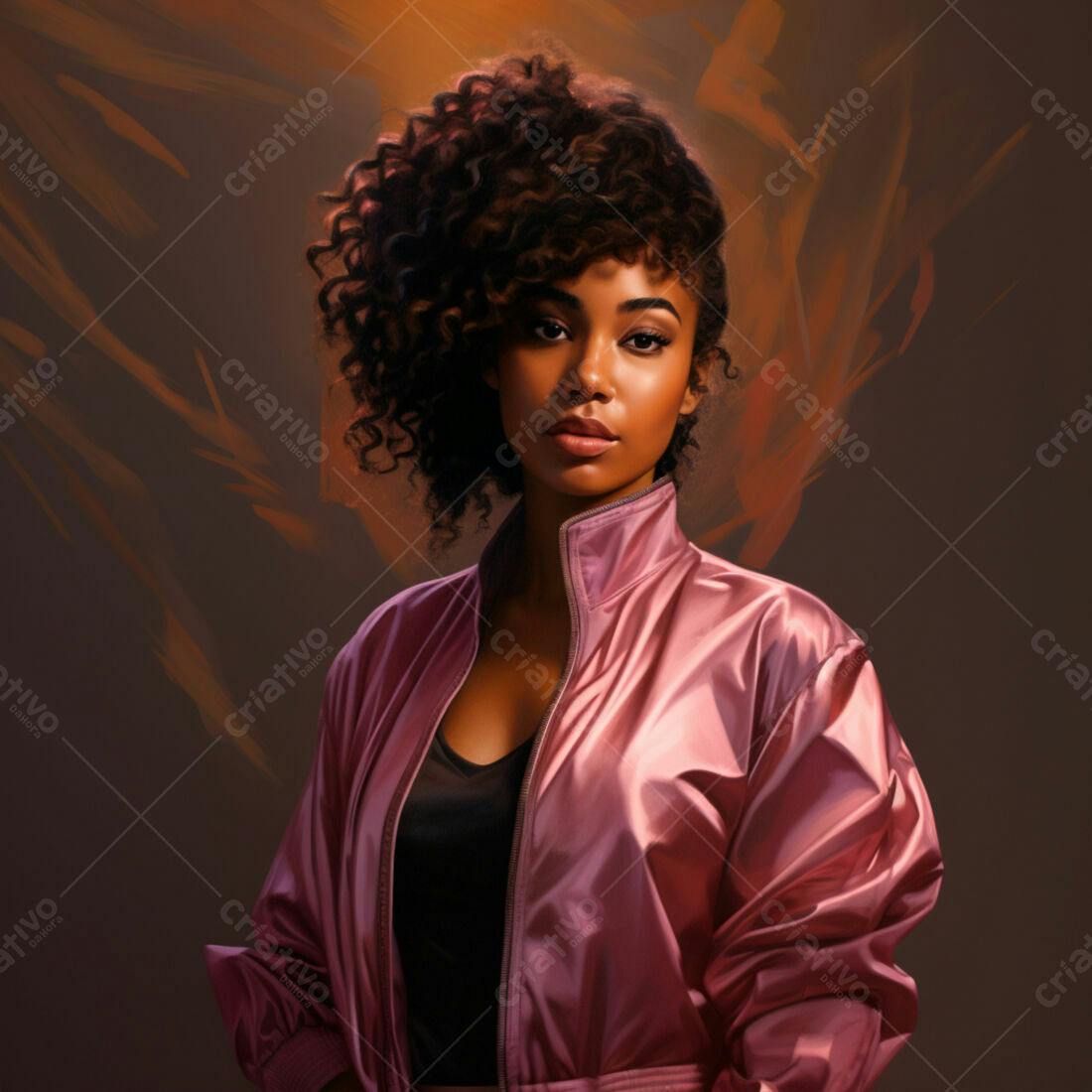 Modelo feminina negra com jaqueta rosa