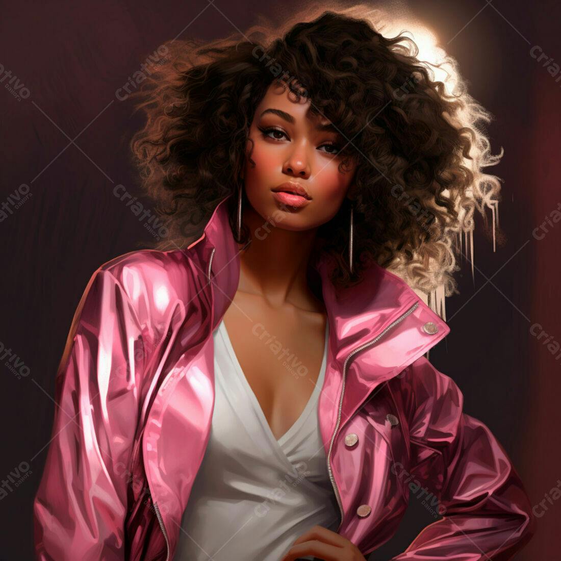 Mulher negra com jaqueta rosa