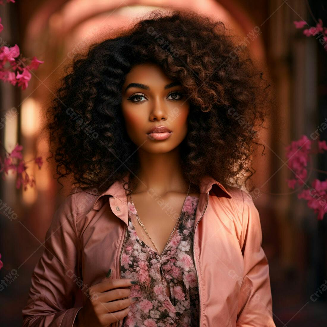 Modelo negra com cabelo afro usando jaqueta rosa