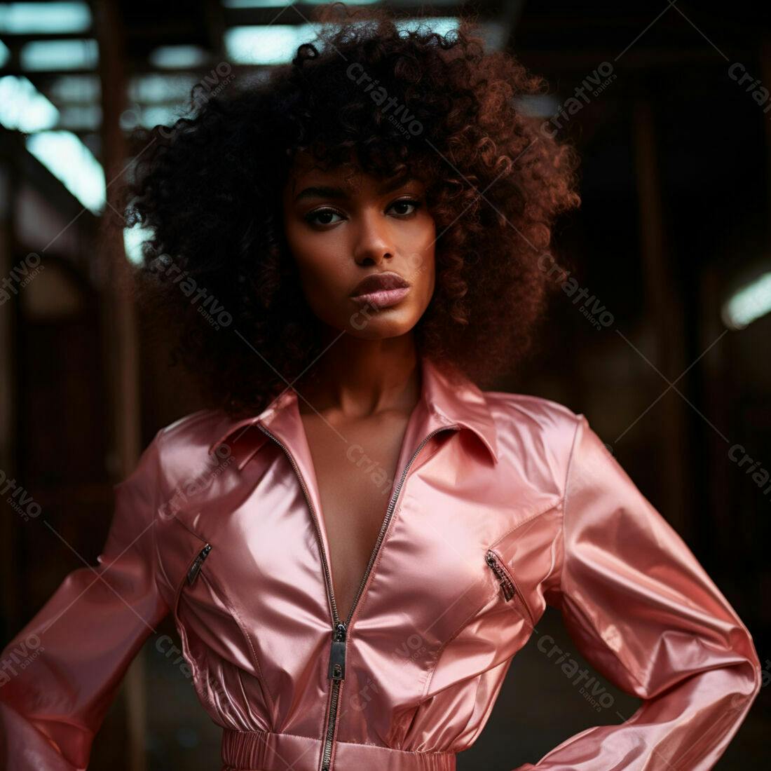 Modelo negra em macacão rosa
