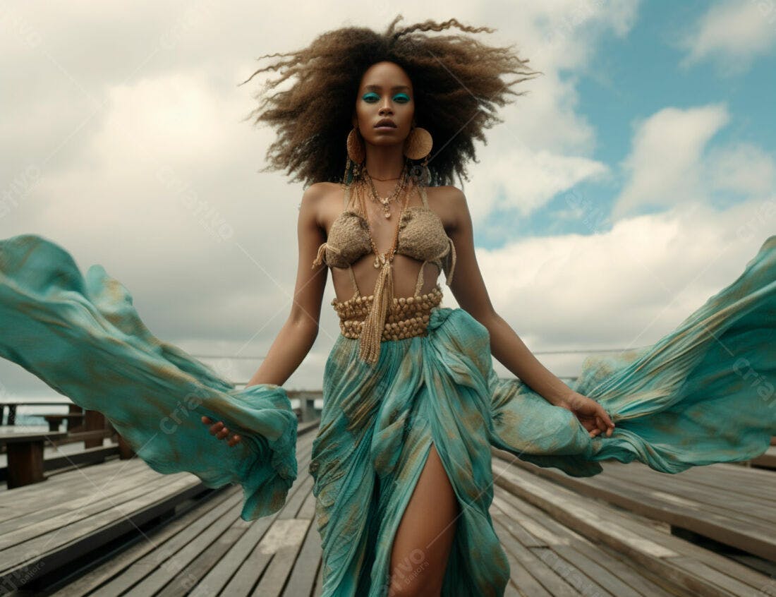 Modelo Afro com vestido turquesa em píer