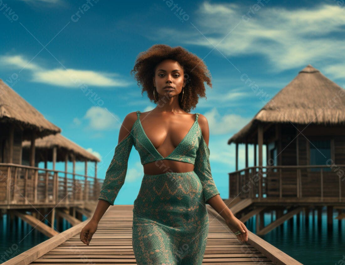 Modelo negra em vestido turquesa em resort tropical