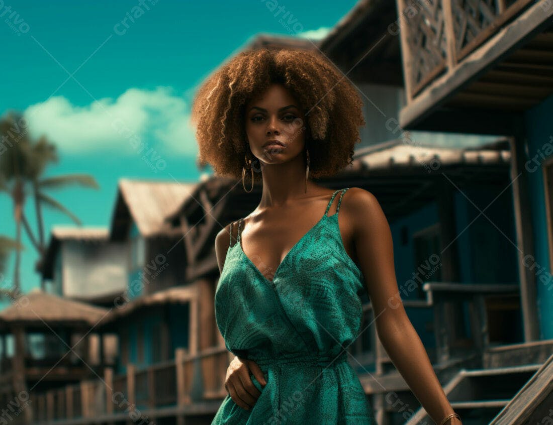 Modelo negra em vestido verde turquesa em cenário tropical