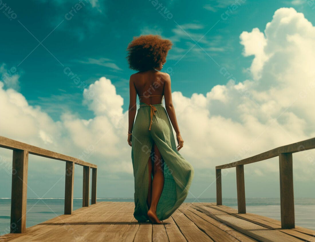 Mulher negra em vestido verde caminhando em píer