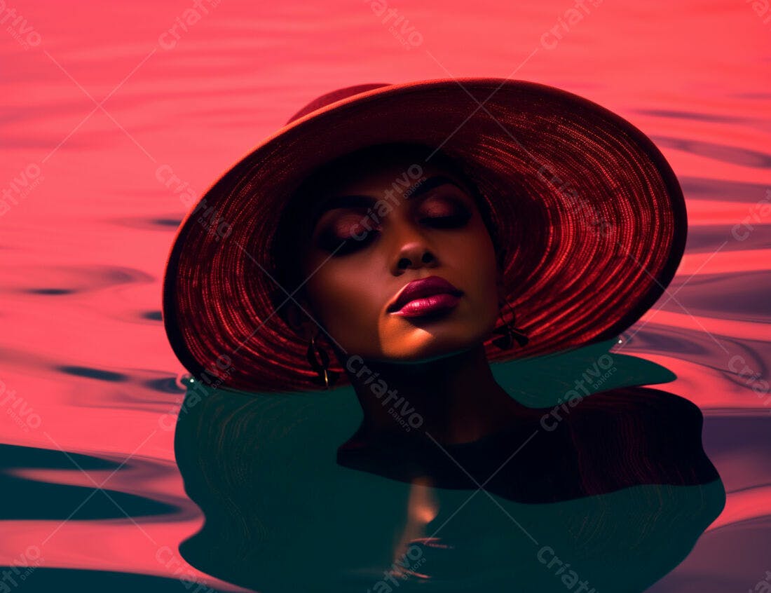Mulher negra com chapéu vermelho na água