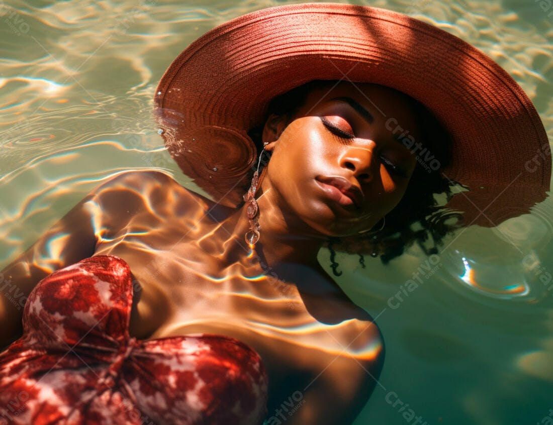 Mulher negra flutuando na água com chapéu