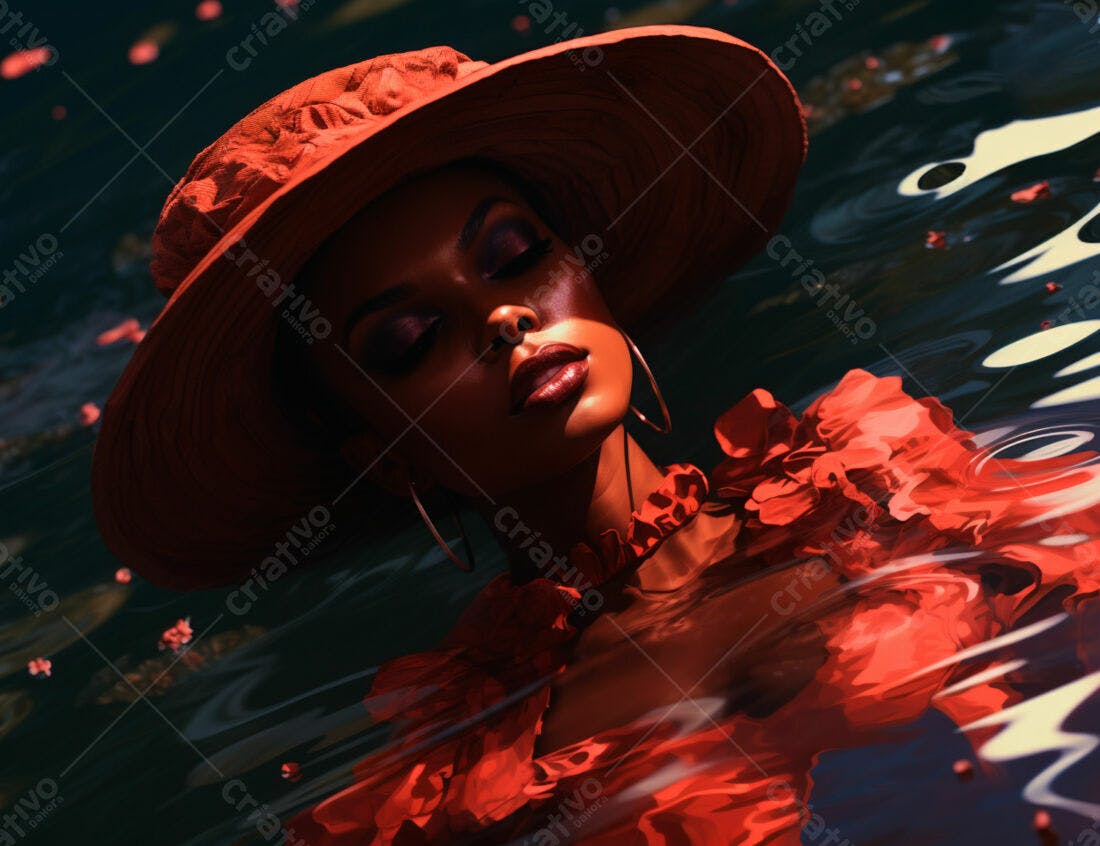 Modelo na água usando chapéu e vestido vermelho