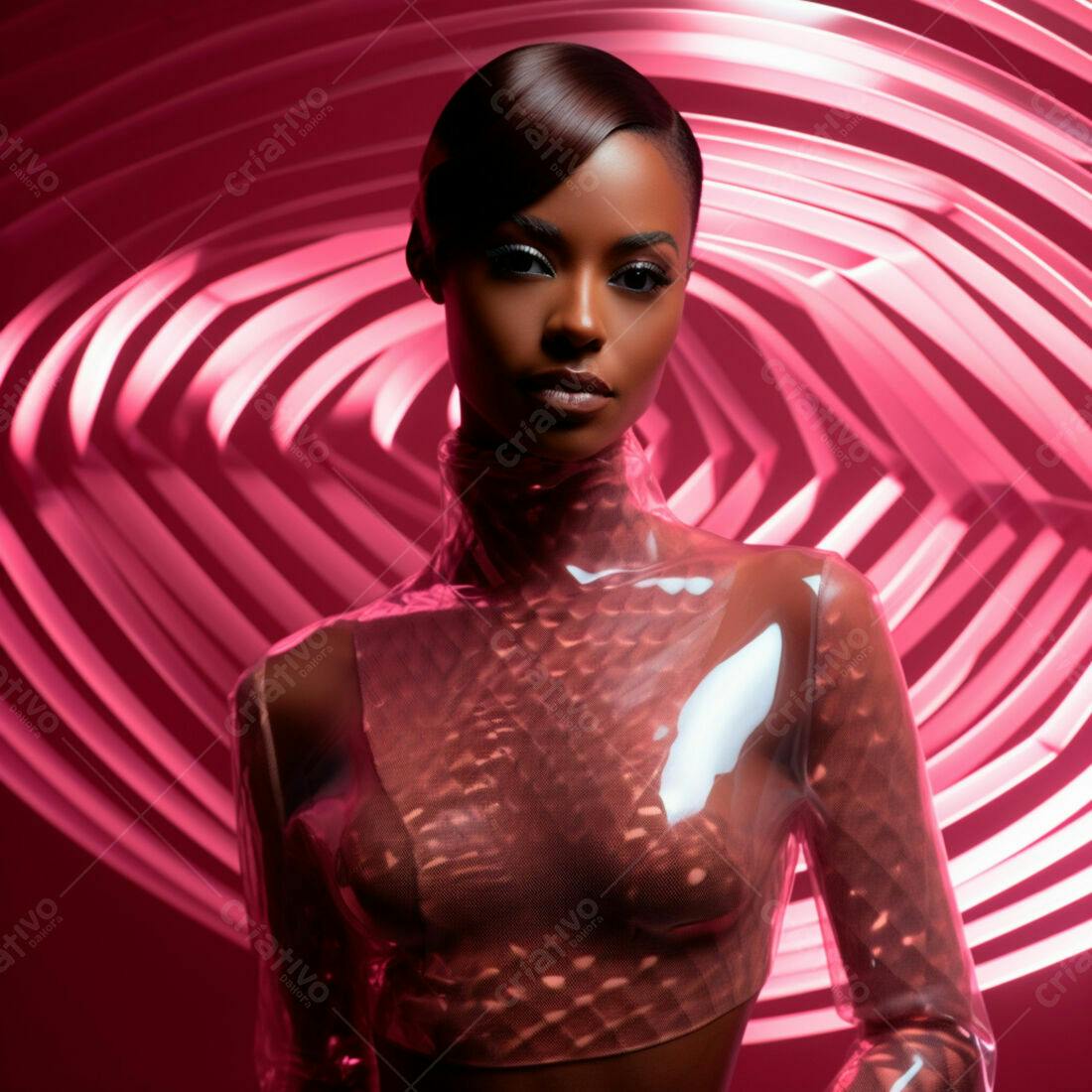 Modelo negra em roupa transparente sob luz rosa