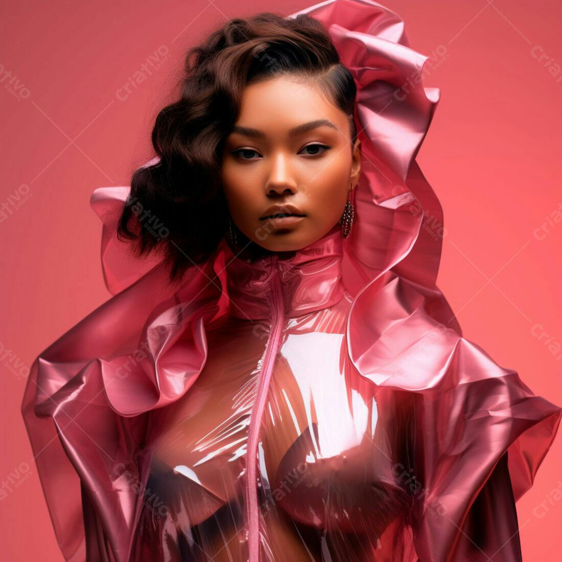 Modelo usando jaqueta rosa transparente