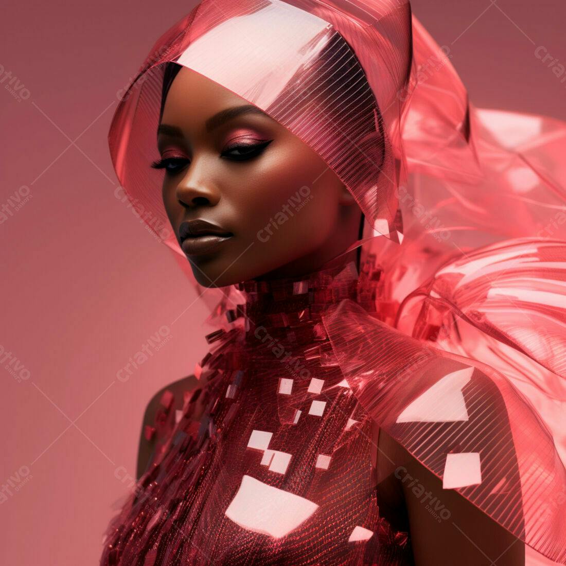 Modelo negra vestindo roupa futurista rosa