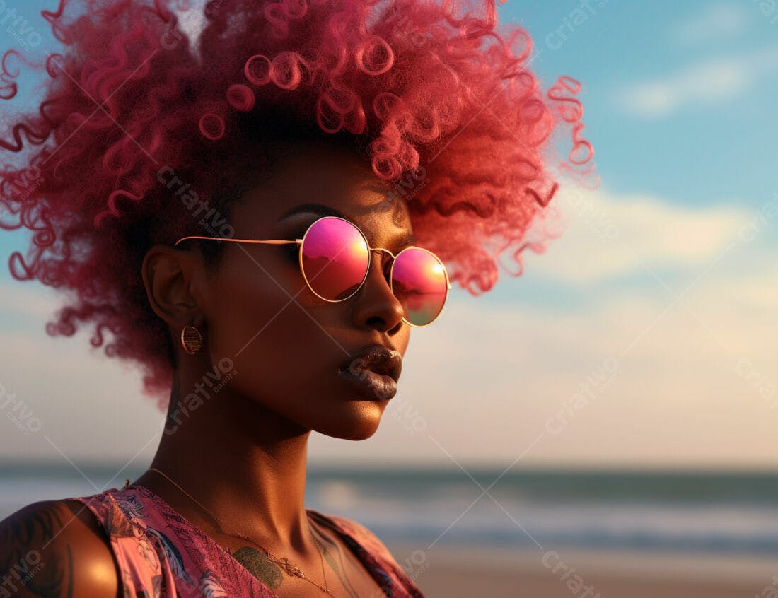 Mulher negra com cabelo rosa na praia ao entardecer
