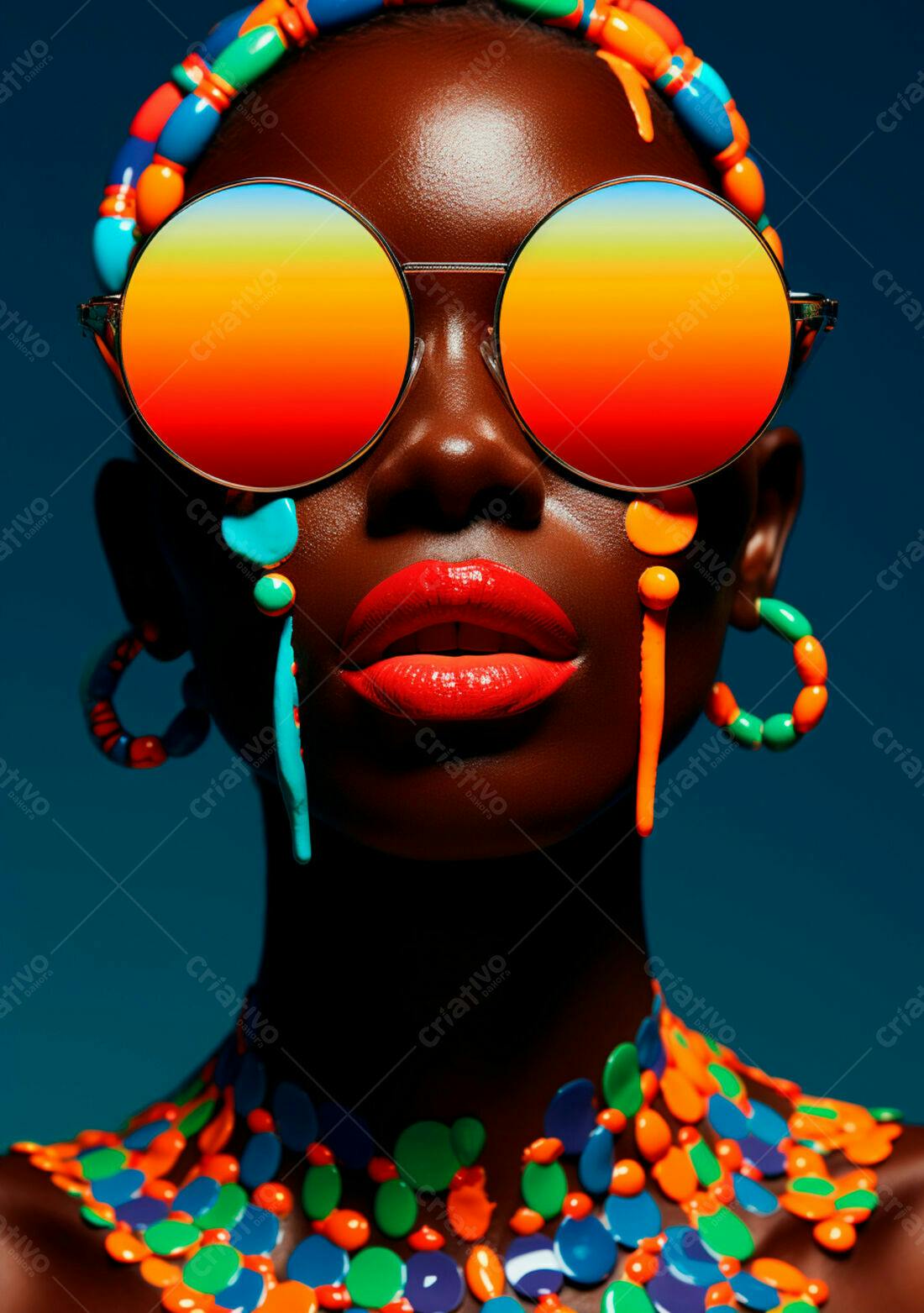Modelo negra com óculos e pintura corporal vibrante