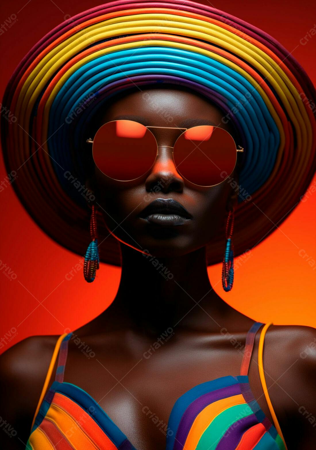 Modelo negra com chapéu e óculos coloridos