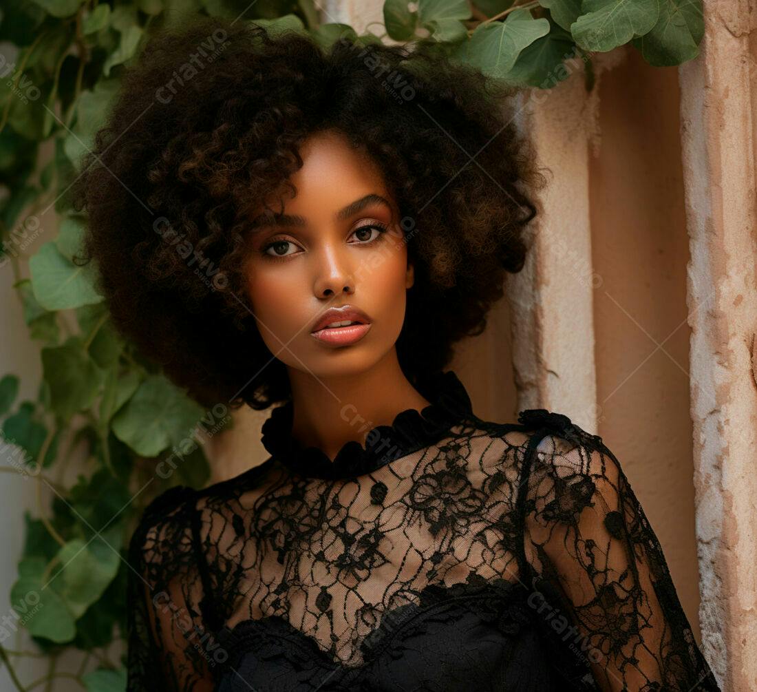 Modelo negra com vestido de renda preto