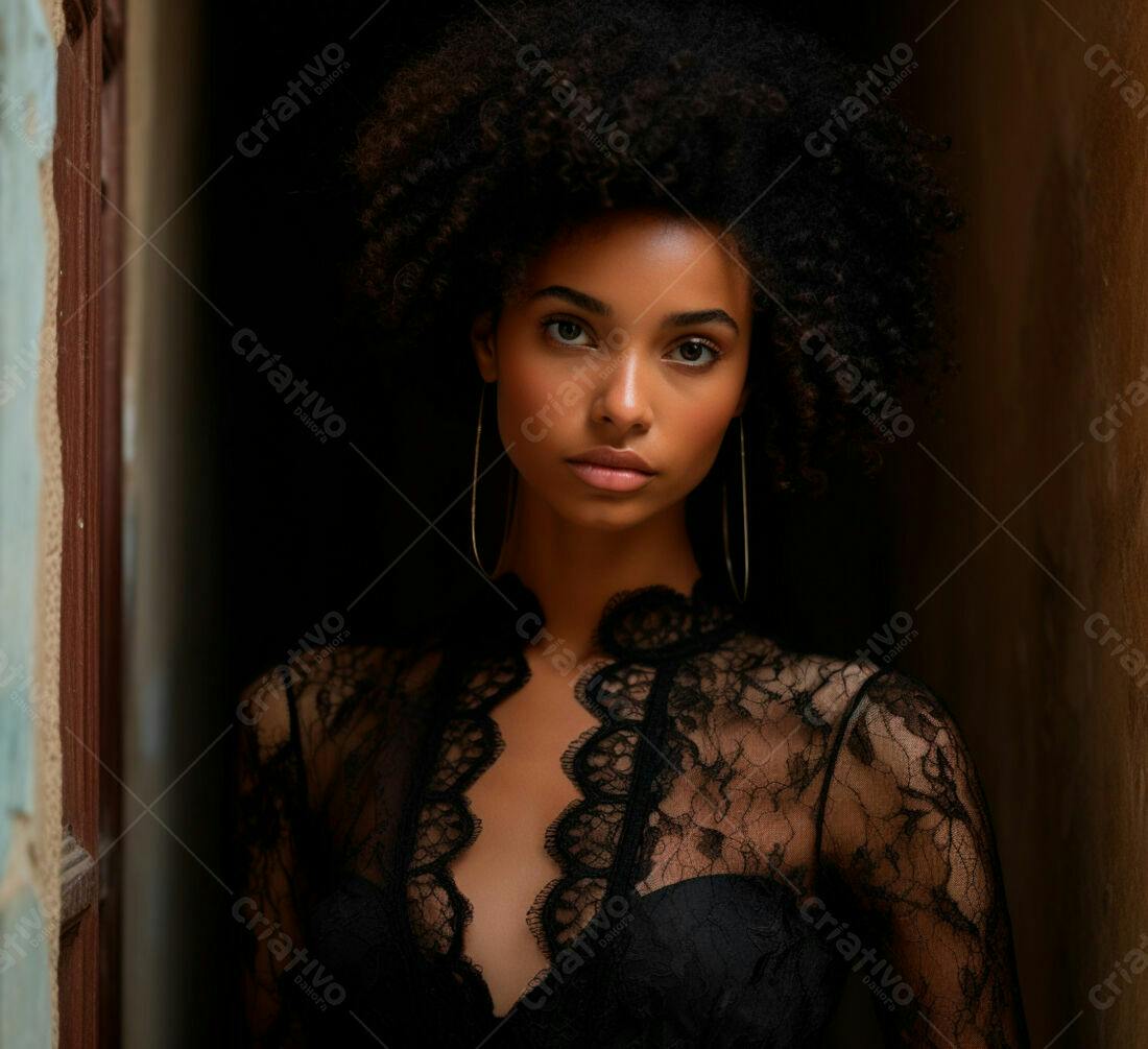 Modelo negra em vestido preto de renda