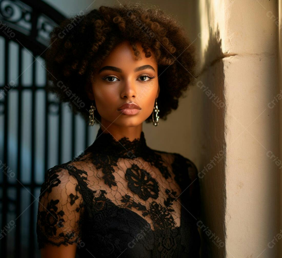 Modelo negra usando vestido de renda preto