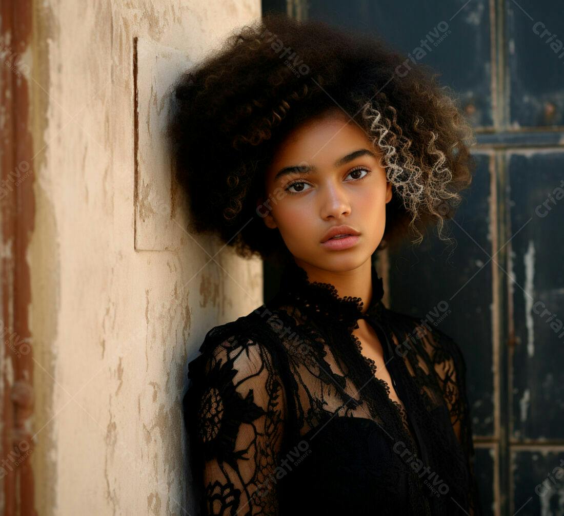 Modelo negra com cabelo afro usando blusa de renda preta