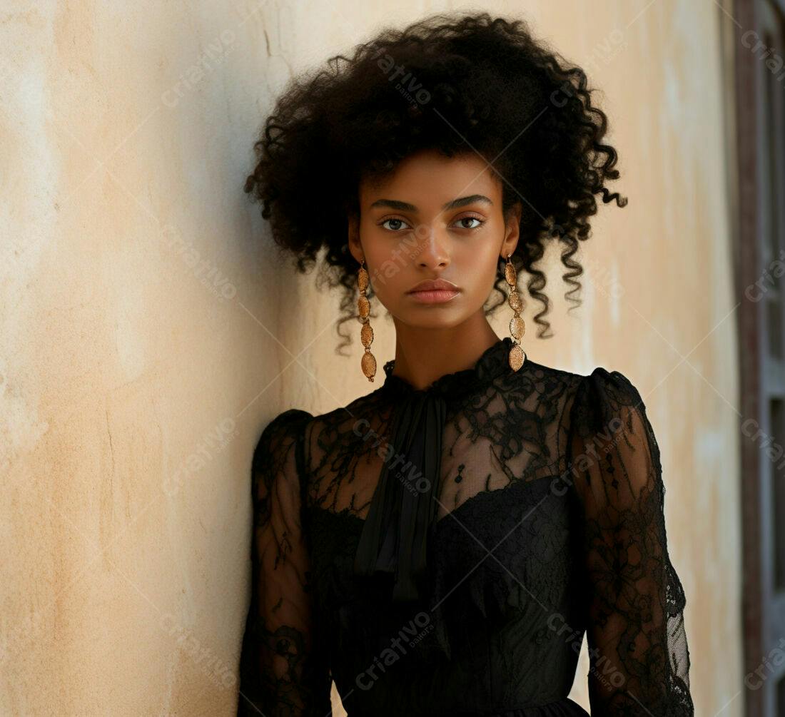 Modelo negra em vestido preto de renda