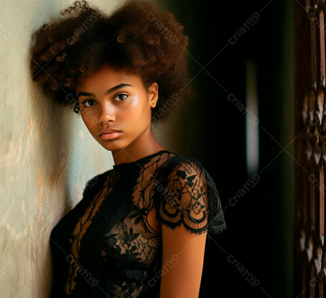 Retrato mulher negra vestido preto rendado