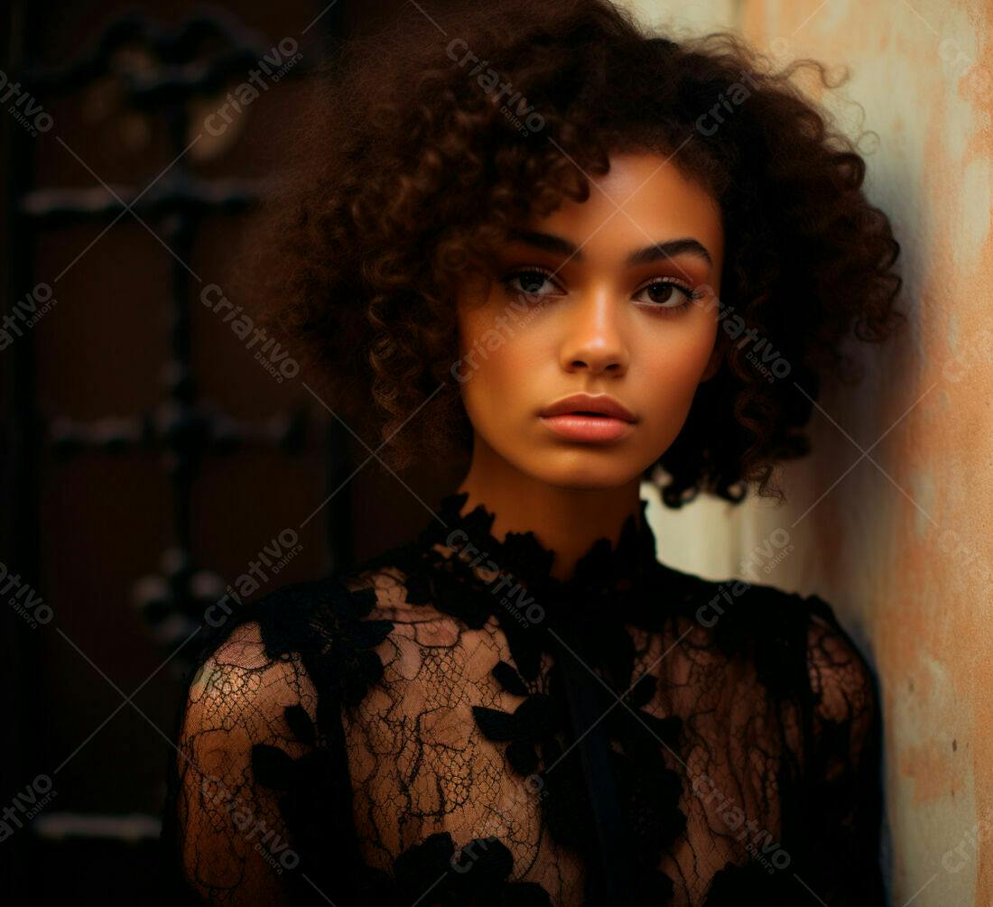 Modelo negra com cabelo afro usando vestido preto