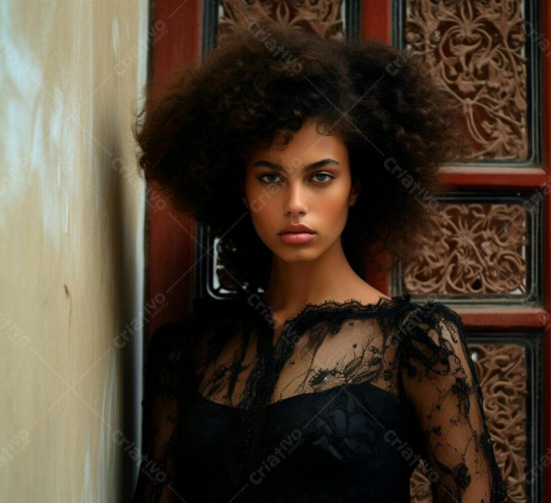 Modelo negra com cabelo afro usando vestido preto