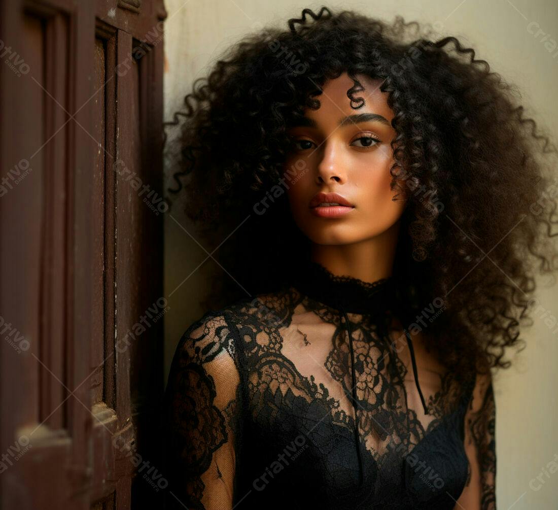 Modelo negra com cabelo afro usando vestido de renda preta