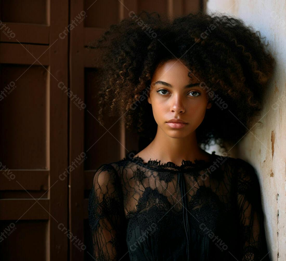 Retrato mulher negra vestido preto fundo marrom