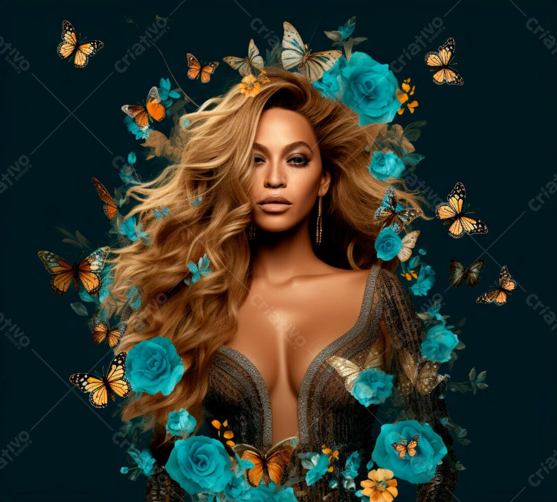 Beyoncé com cabelo loiro e flores azuis