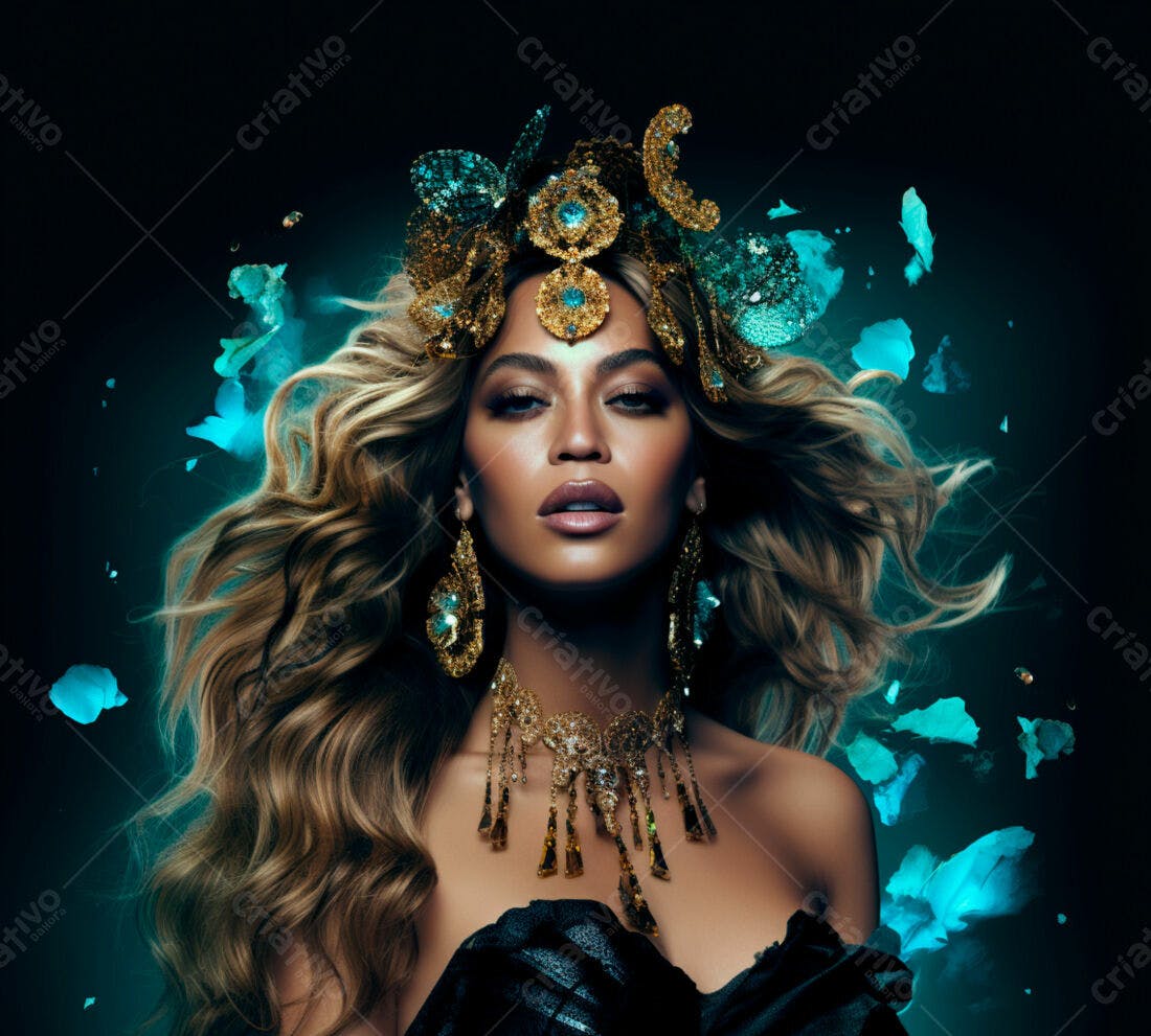 Beyoncé com joias douradas e coroa turquesa