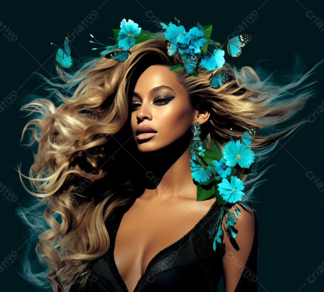 Mulher negra com cabelo loiro e flores azuis