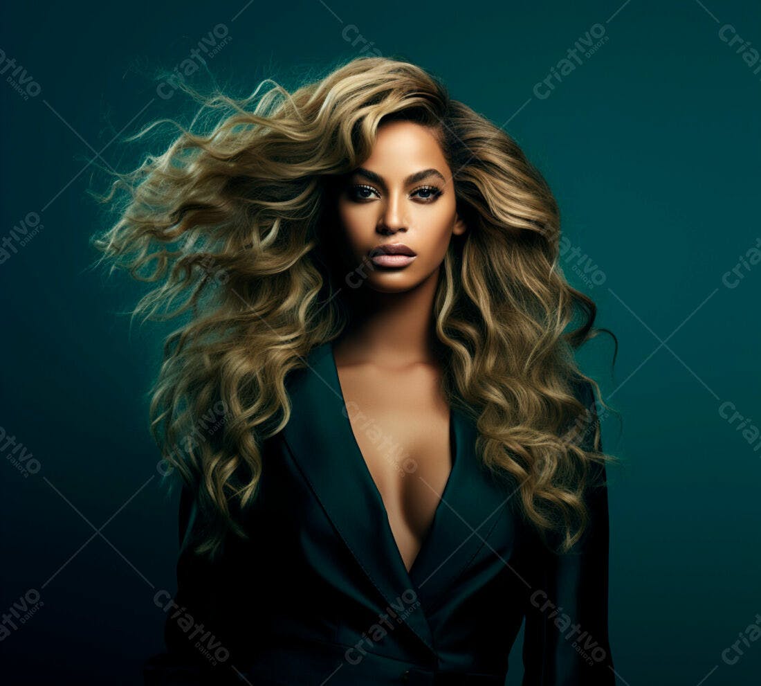 Beyoncé cabelo loiro ondulado fundo verde