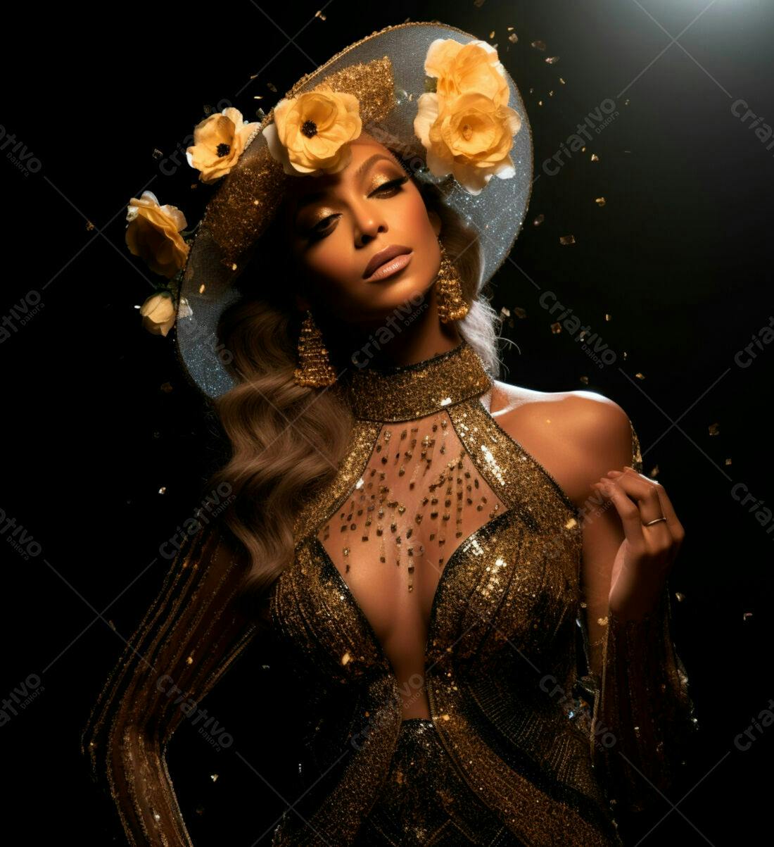 Modelo usando vestido dourado e chapéu com flores