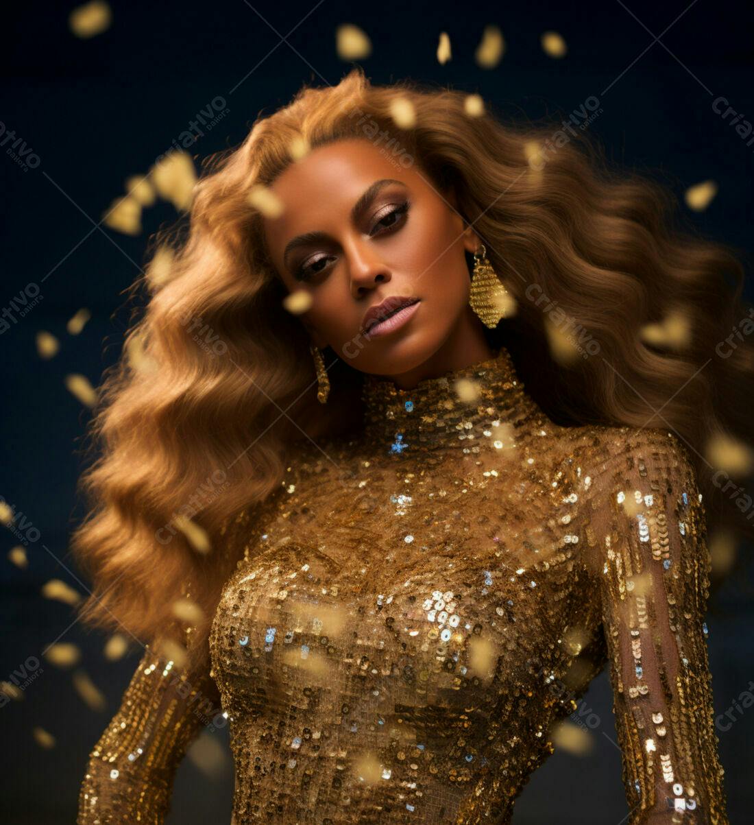 Modelo Afro-americana usando vestido dourado com brilho