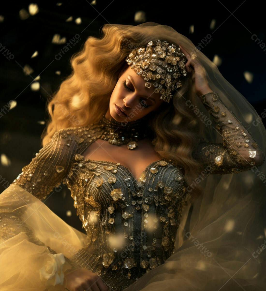 Modelo usando vestido dourado e véu