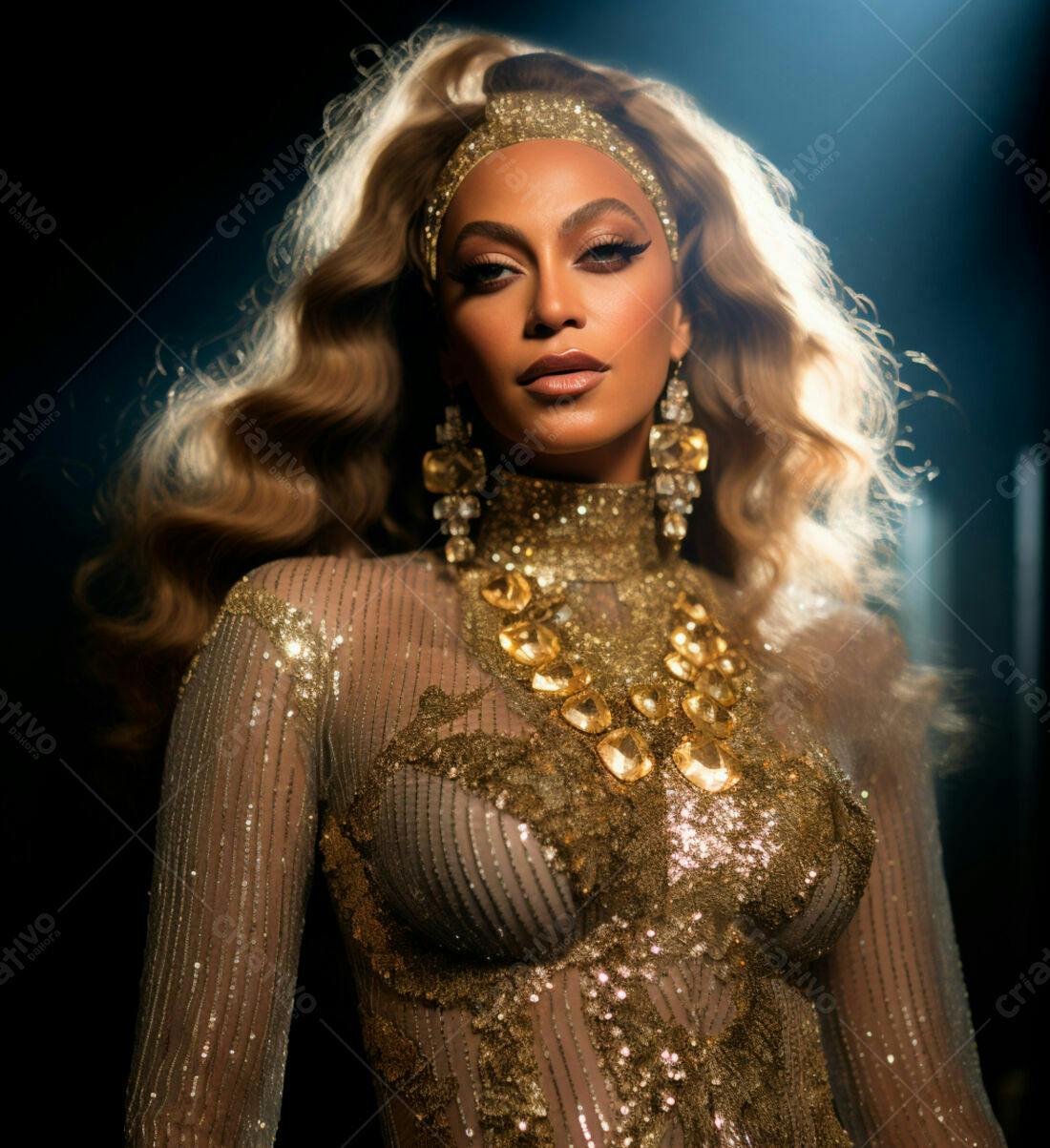 Beyoncé em vestido dourado com joias