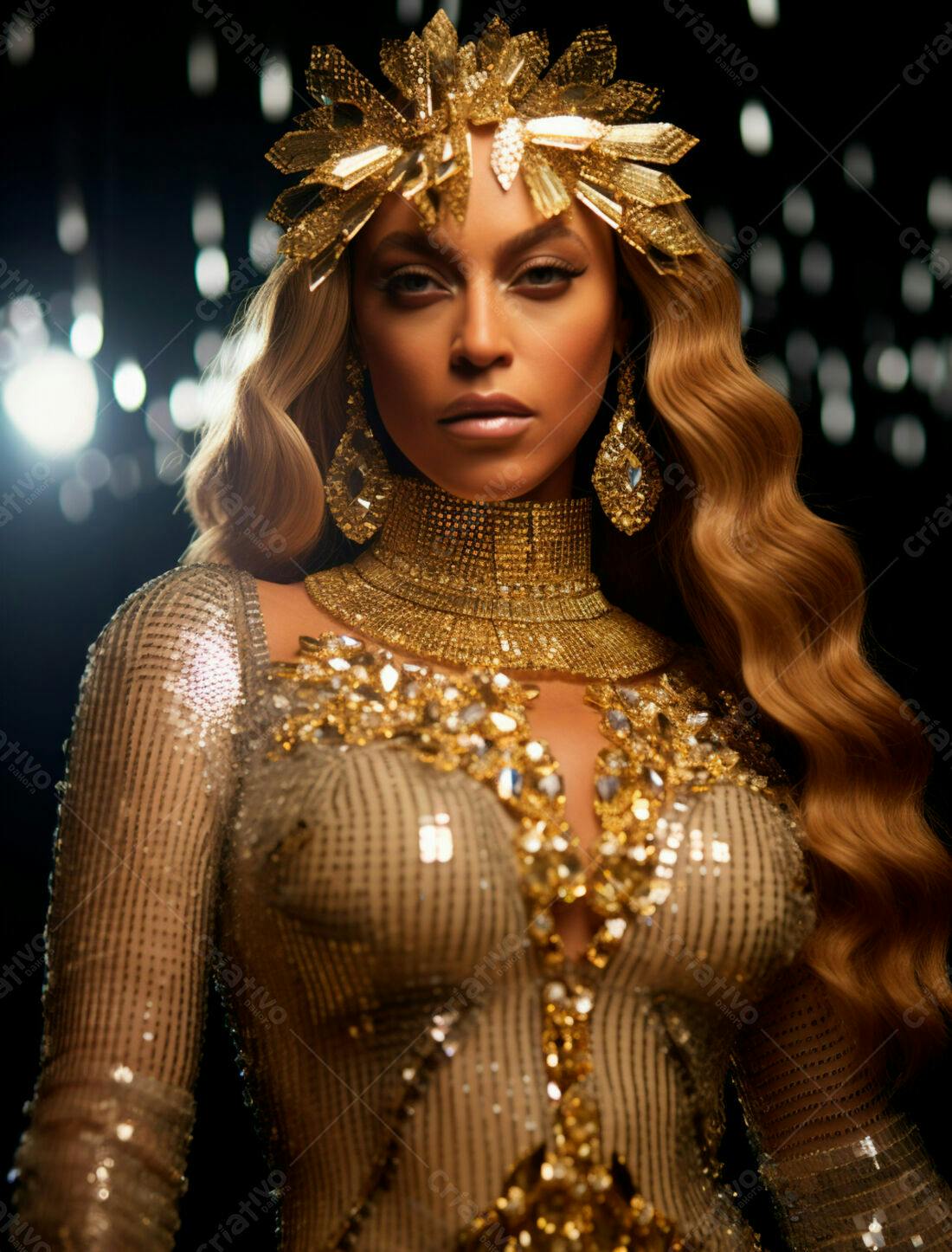 Modelo usando vestido dourado e coroa