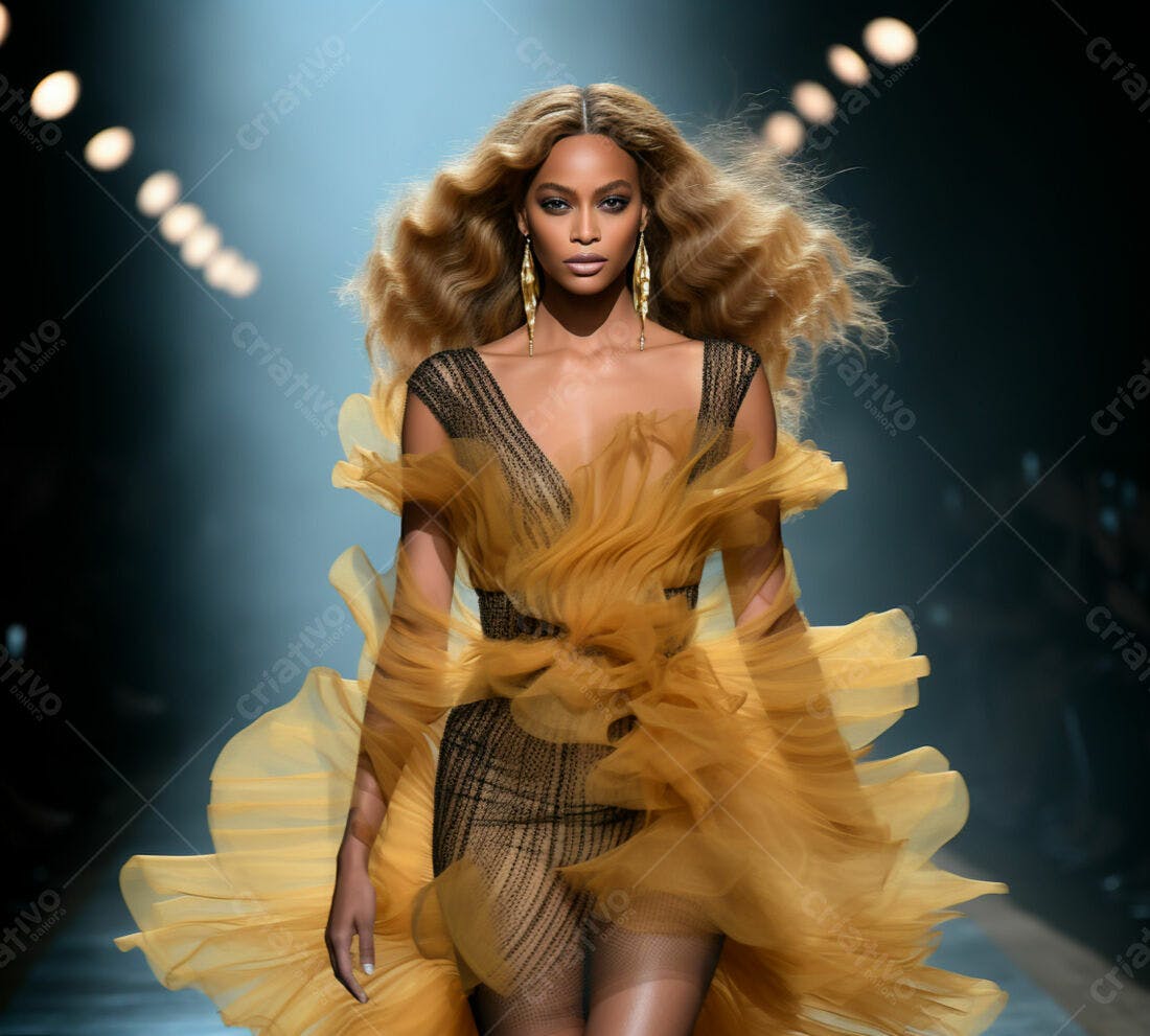 Modelo negra em vestido amarelo desfile moda