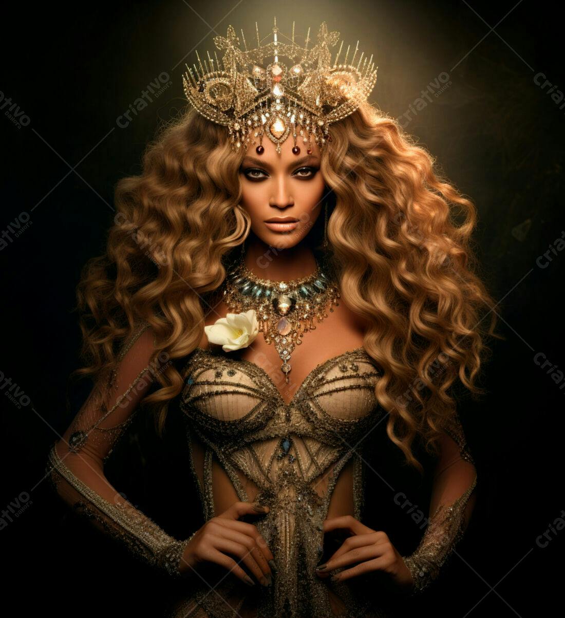 Modelo usando coroa dourada e vestido luxuoso