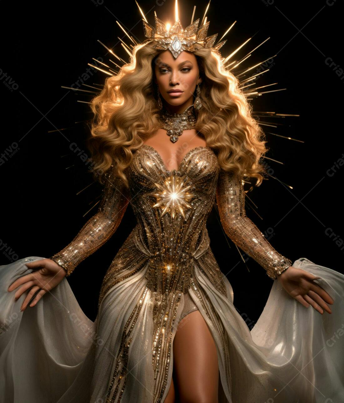 Modelo usando vestido dourado e coroa